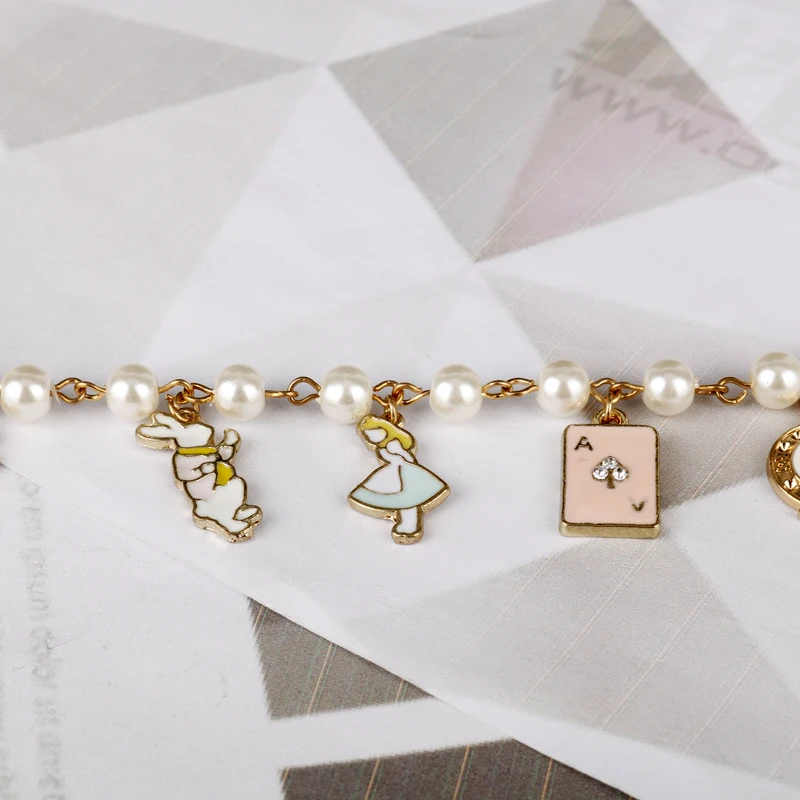 Fashion Women Jewelry Accessories Alice Rabbit Clock Imitation Pearl Link Chain Bracelet Charm Bangle bracelet jewelry