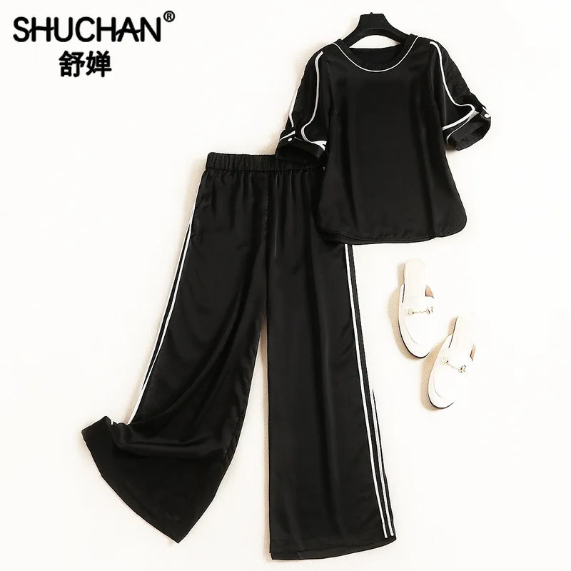 

Shuchan Two Piece Set Top and Pants Office Lady Elastic Waist Ankle-Length 2 Piece Outfits for Women Clothing Set Summer 12250
