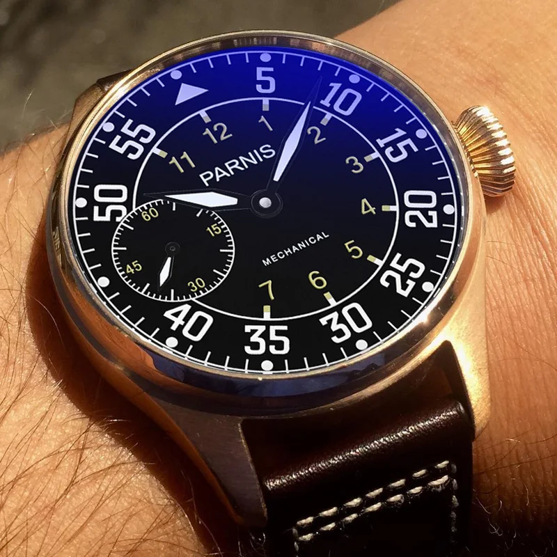 

New Parnis 44mm Mechanical Watches Fashion Men Watch Hand Winding Black Dial Clock Mark Genuine Leather Strap Men's Wristwatch