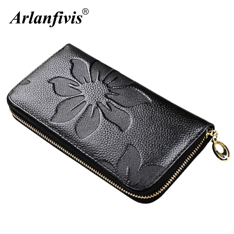 preço Couro genuíno Novo 2018 Marca de Moda Longa Bolsa Em Relevo Saco de Flor de Mulheres carteira Senhora Carteira Feminina Portefeuille billetera