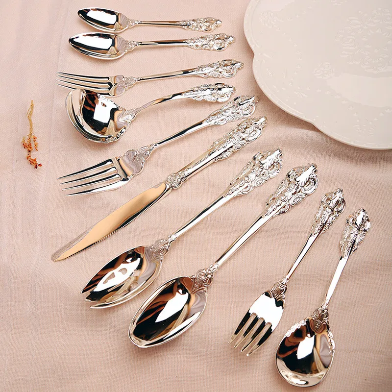10pcs/set Silver Plated Tableware set Retro Cutlery Spoon Forks Knives