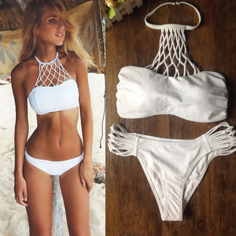 Хорошо! Комплект бикини белый для женщин дамы одежда вязаный крючком плыва Купальник Холтер укороченные топы для девушек Biquini купальники im