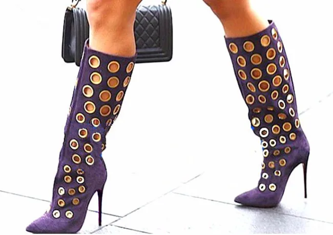 

Sexy Winter Women Knee High Boots Cut-outs Polka Dot Boots Pointed Toe High Heel Women Suede Shoes Fashion Gold Holes Boots