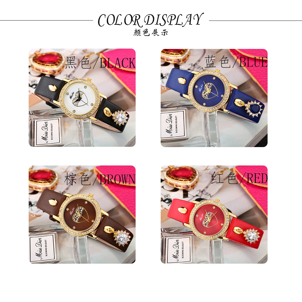 MISSFOX Miss Fox Loving Heart Pattern Womens Watch Leather Gold Waterproof Quartz Wristwatch Girl Starry Blue Stone Montre Femme (9)