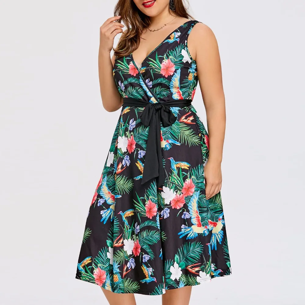 Plus Size Hawaiian Leaf Midi Boho Dress Women Sleeveless V Neck Belted  Elegant Party Vintage Dresses Vestido 5XL|Dresses| - AliExpress