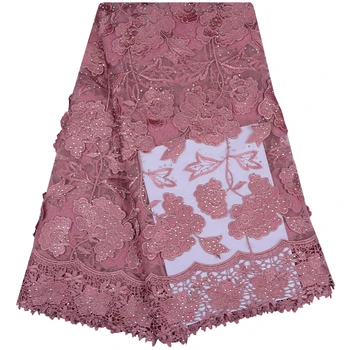 

African Lace Fabric With 3D Flower And Rhinestones Latest Lilac Lace Fabric High Quality 3D Lace Fabric For Wedding 1123