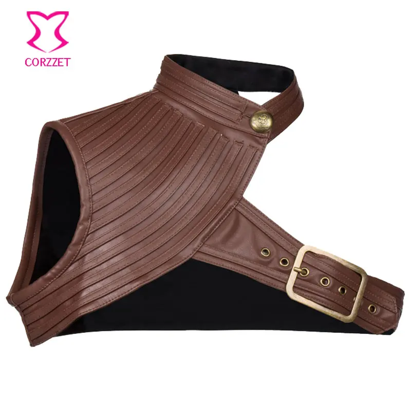 Brown Faux Leather One-Shoulder Halter Collar Buckled Belt Steampunk Bolero Jacket Corset Outwear Accessorie Gothic Clothing