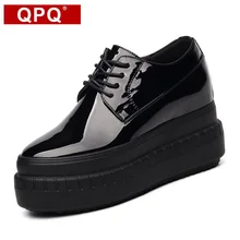 QPQ Nouveau Femmes Oxford Lacent Creux Plate-Forme Métallique Noir De Mode Vintage 9 cm Super Haute Plate-Forme Taureau Plat Femelle chaussures