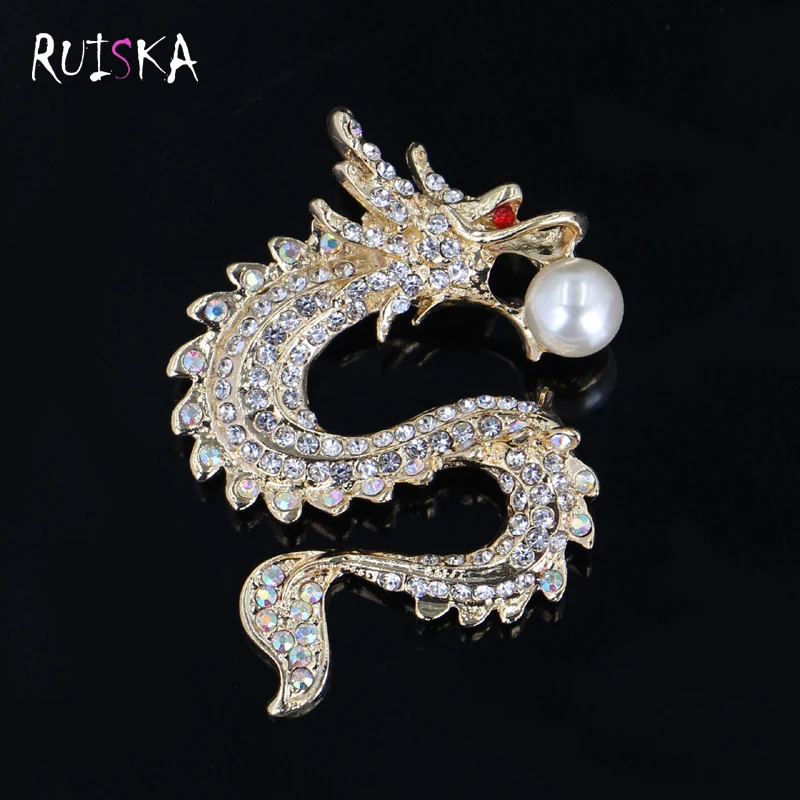 RUISKA High end Chinese Zodiac Brooch Clear Crystal Dragon Brooches Pins Creative Chinese