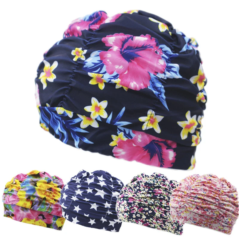 Flower Prints Fabric Swimming Cap Swim Pool Beach Surfing Protect Long