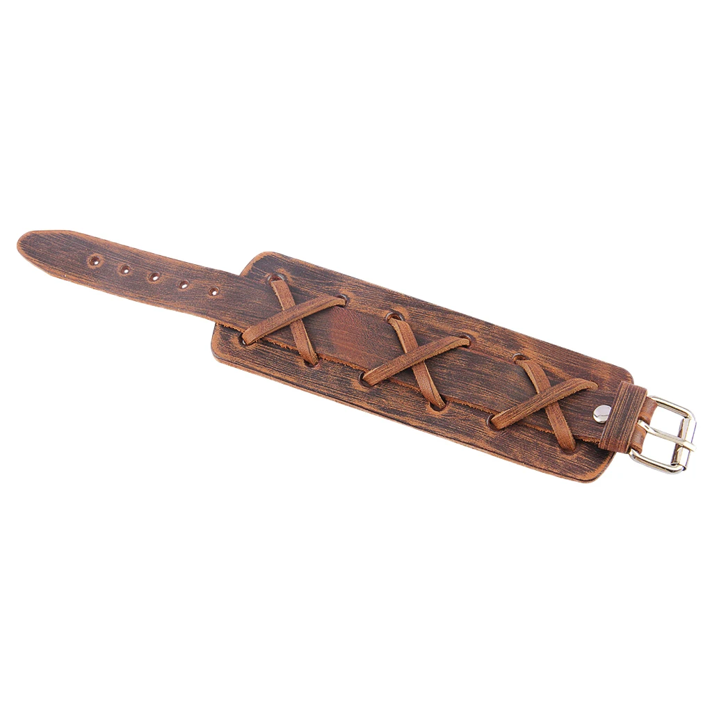 Handmade Leather Wide Cuff Bracelet Cross Punk Biker Men Bangle double Wrap Braided Leather Bracelet for Daily Wearing Brown