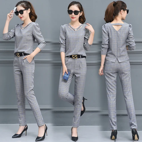 

Autumn New Plaid 2 Piece Set Women Conjunto Feminino Elegant Thin Ensemble Femme Survetement Brief Ol Year-old Female Costume