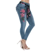 Большие размеры джинсовые штаны с высокой талией Эластичные Обтягивающие Брюки женские джинсовые узкие брюки цветочной вышивкой джинсы эластичные брюки