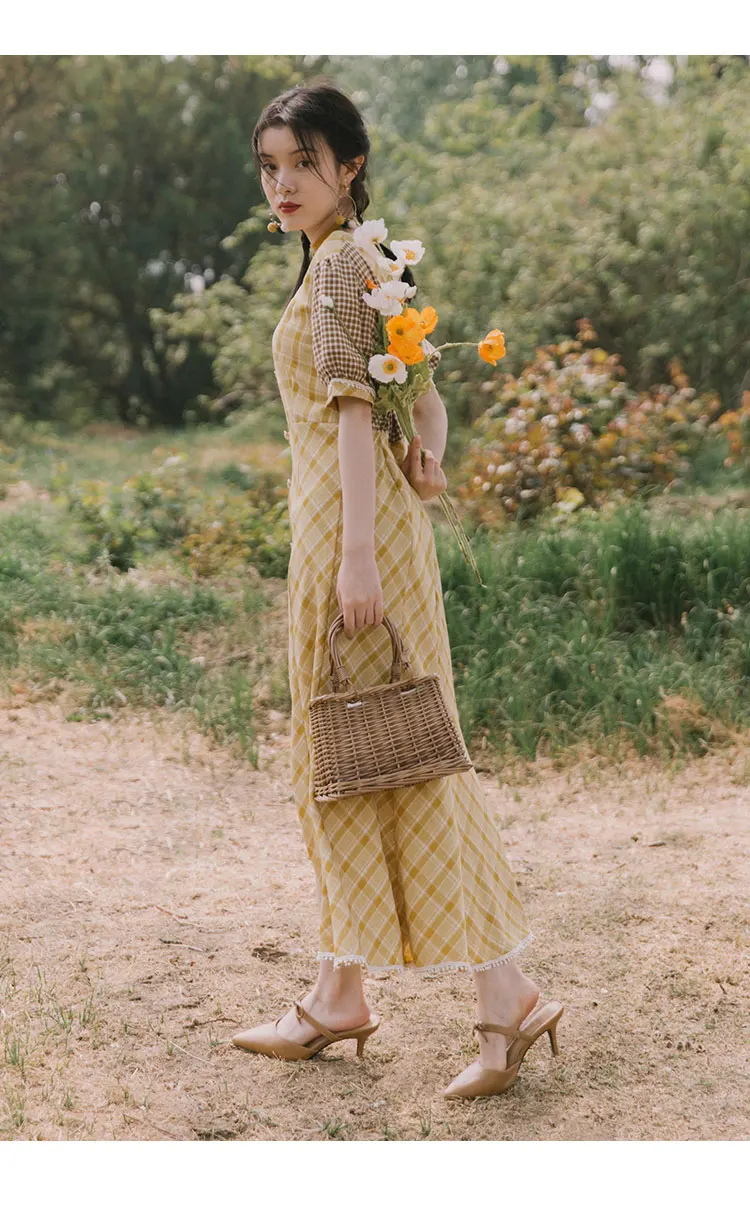 SWEETXUE Women Retro Holiday Literary Temperament Dress Plaid Stitching Puff Sleeve Fishtail Slimming Pastoral Wind Long Dress