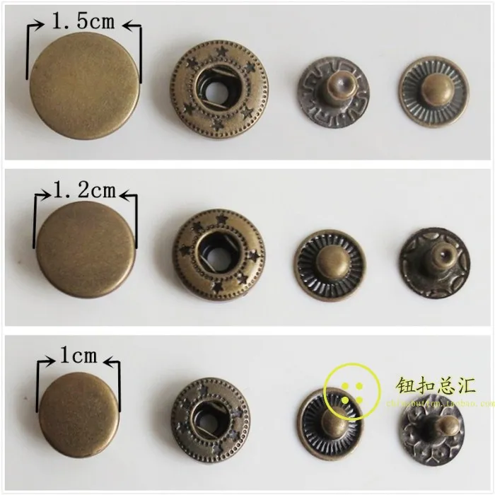 

100 set Metal Bronze Snap Button Press Studs Fasteners Buttons Manual Installation Tool Clothes Accessories 10mm,12mm Wholesales