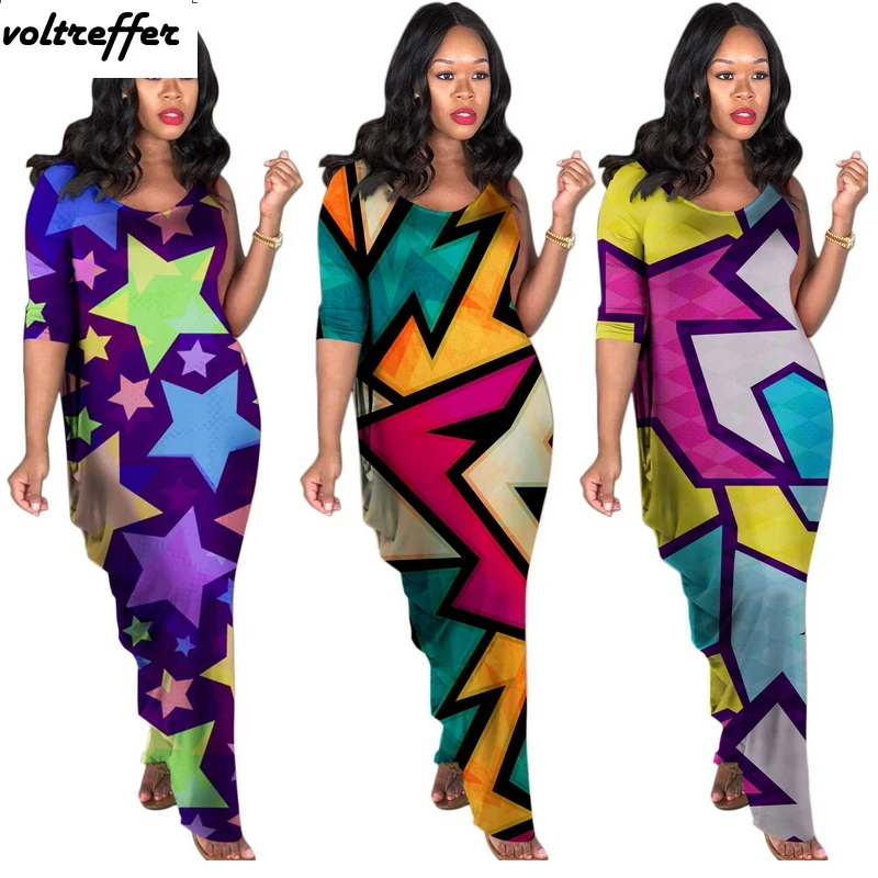One Shoulder Wrinkle Ruched Geometric Printed Maxi Dresses Long Vestidos De Fiesta Sexy Boho Style Graphic Dress 2018 Fall Beach | Женская