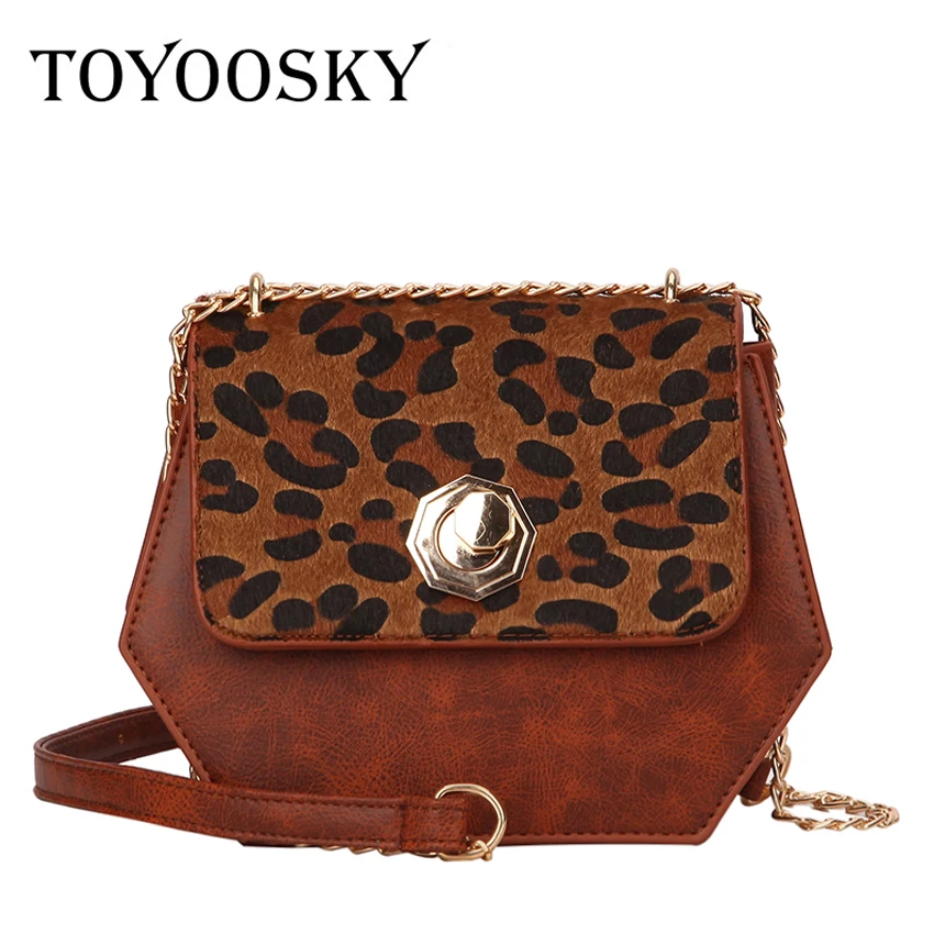 

TOYOOSKY Hexagon Shape Women Messenger Bag Winter Leopard Chain Crossbody Shoulder Bag Female Designer Pu Leather Clutches Purse