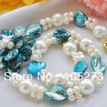 Горячая жемчужные ювелирные изделия 19 ''4-20 мм белый круглый барокко Жемчуг синяя ракушка цветок ожерелье Модные ювелирные изделия Новинка