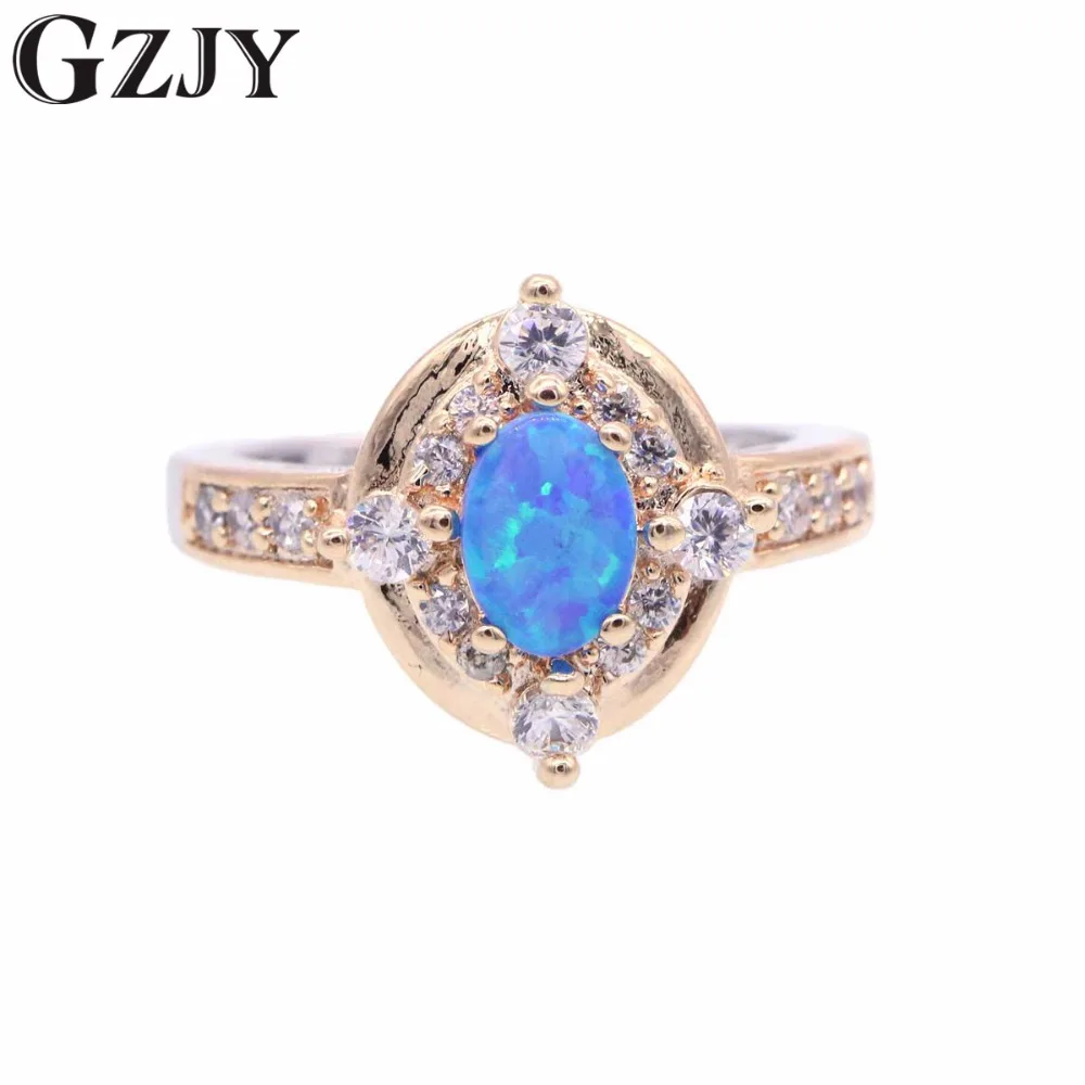 

GZJY Fashion Charm Blue Fire Opal&Zircon Double Gold Color Wedding Finger Ring For Women Engagement Jewelry bague femme