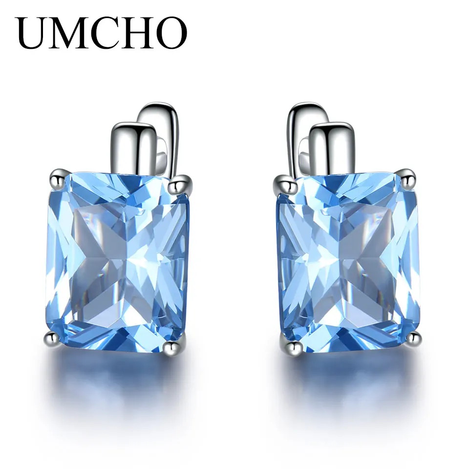 UMCHO Роскошные 8.0ct Небесно-Голубой топаз драгоценный камень ювелирные изделия Твердые 925 пробы серебряные Клипсы Серьги для женщин подарок на день рождения Мода