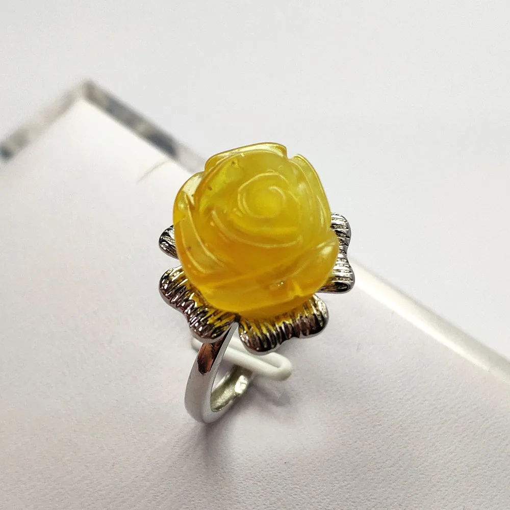 

100% Natural Yellow Amber Adjustable Woman Ring Fashion 925 Silver Flower Carved Hot bead 14x14mm Amber Drop Shipping AAAAA