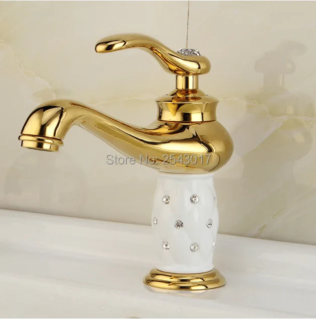

Free Shipping Luxury Bathroom Crystal Basin Mixer Ceramic Diamonds Golden Faucets Cold and Hot Vanity Sink Gold Faucet FR449