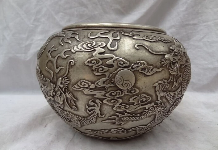 Song Voge Gem S2882 8 "Folk Chinese Silver Fengshui Cloud Fly Dragon Statue Buddismo Bronzo Vaso Ciotola