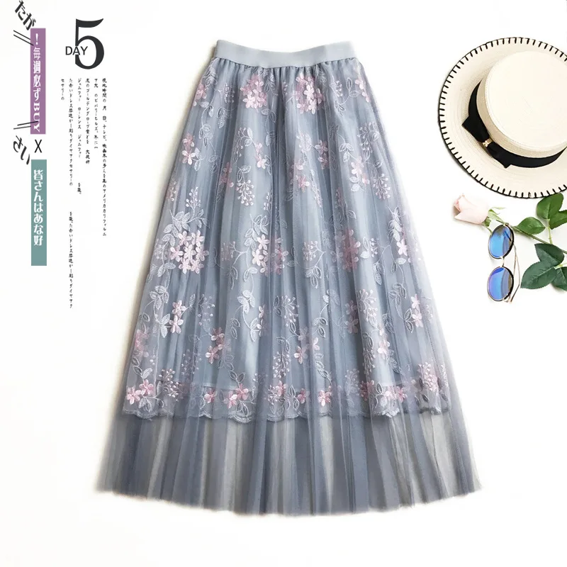 Модная плиссированная фатиновая юбка миди цветочной вышивкой длинная юбка вечерние цветок Для женщин юбки элегантный корейский faldas mujer moda