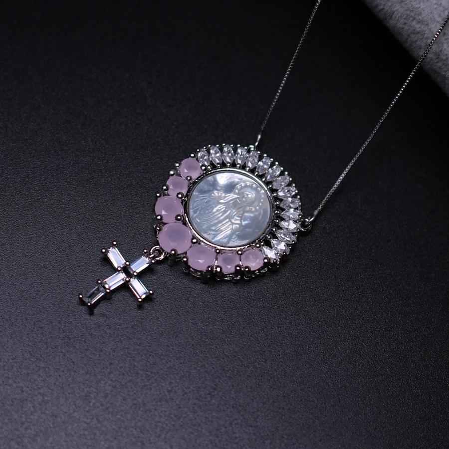 

KINFORSE Virgin Mary Cross pendant necklace with mother shell pearl Cubic Zirconias Necklace for women fashion jewelry