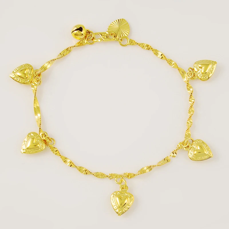 

2018 New Vintage Trendy 24K Gold Color Bracelets With Love Heart One Bell pendant Jewelry Hanging Lobster Free Shipping