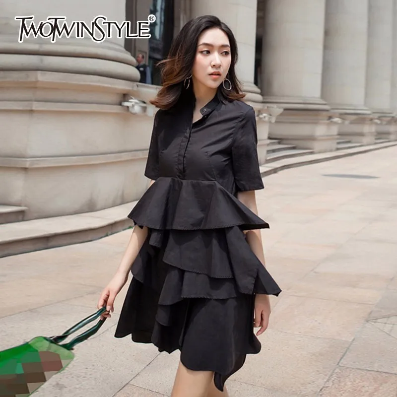 

TWOTWINSTYLE Ruffles Summer Dress Ladies Stand Collar Short Sleeve Patchwork High Waist Pocket Irregular Mini Dresses Summer New