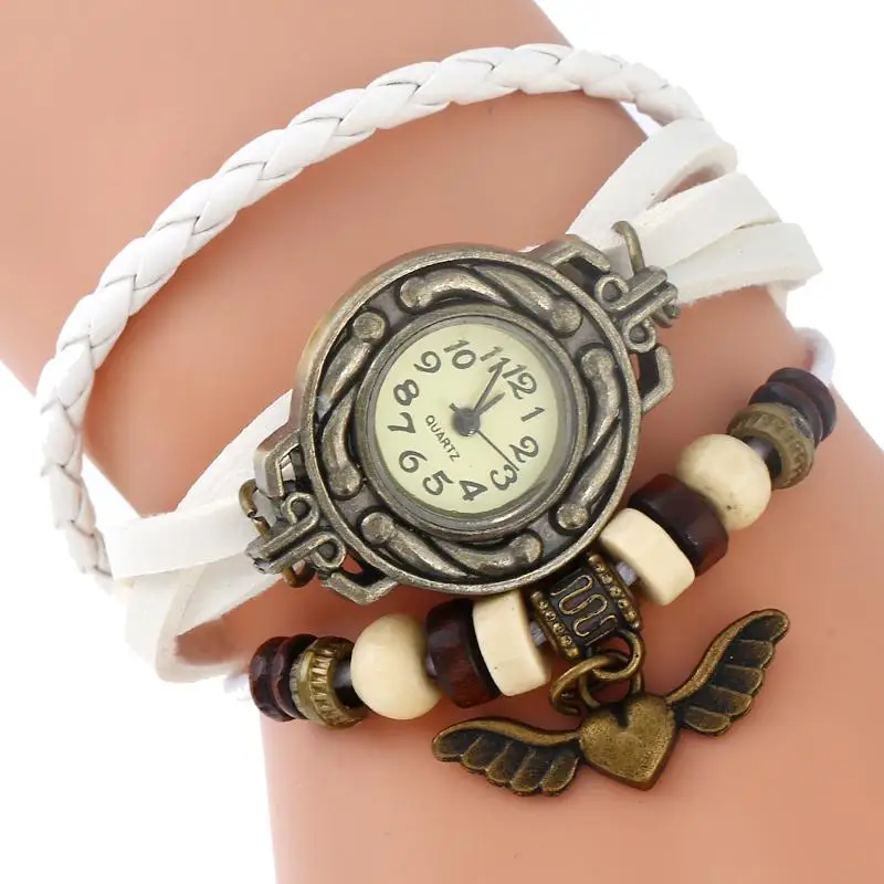 Gnova Платиновые индийские этнический браслет часы крылья Ангела Шарм винтажные часы наручные часы с ремешком из натуральной кожи девушка мода - Цвет: Синий