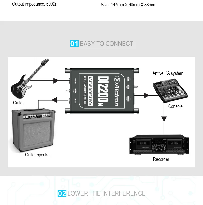 Alctron DI2200N высокопроизводительный 48V phantom питание активных DI коробка предназначена для инструмент с высокий уровень выходного сигнала