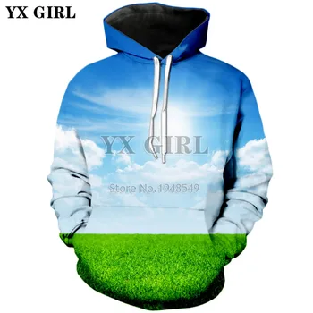 

YX GIRL Brand Hoodie 2018 autumn New Fashion hoodies Blue sky/white cloud/green grass Print 3d Men Women hooded Sweatshirt