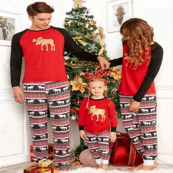 

Family Matching Clothes New 2018 Autumn Winter Parent-child Set Christmas Elk Print Mom and Daughter 2PCS Pajamas Suit QZ045