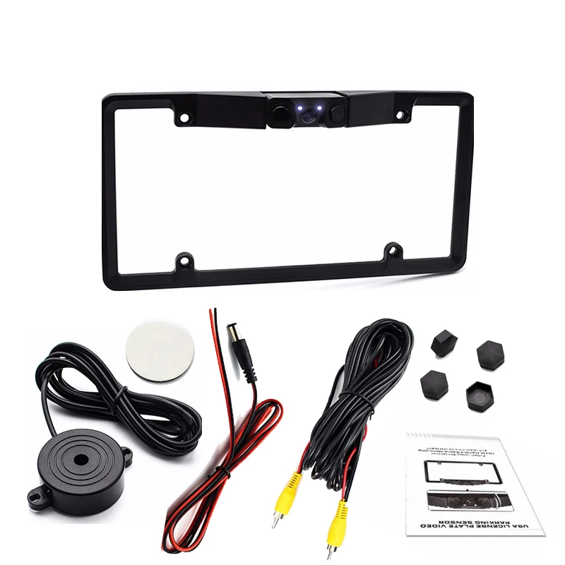 

Car Parking Sensor Radar +HD Rearview Backup Camera Night Vision+ License Plate Frame 1 Set