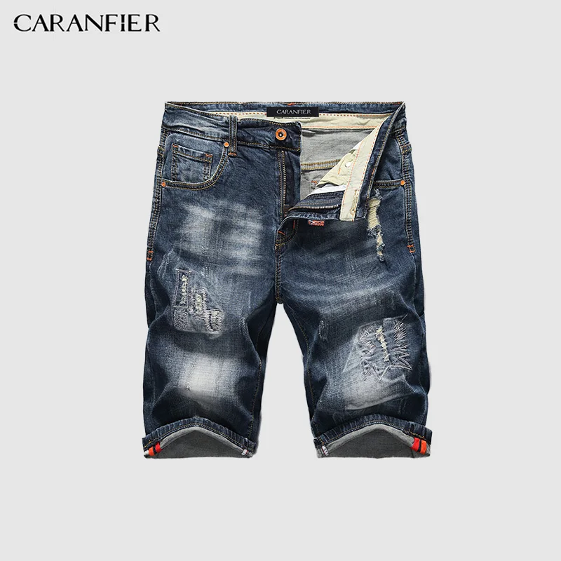 Мужские джинсовые шорты с потертостями CARANFIER мягкие хлопковые до колена