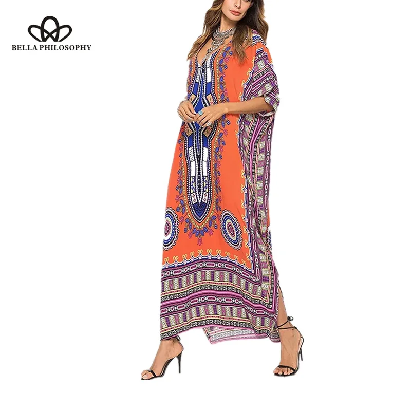 Wonder 2018 new Spring and Summer Long Print Dress African Traditional Indie Folk Dress Half and Ankle-Length V-Neck Dress