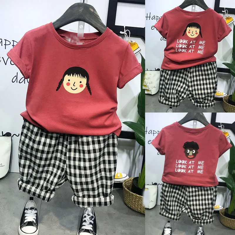 

2 pcs set 2019 Summer 2-7Year kid's baby Clothes boys girls cartoon short sleeve t-shirt tops+plaid shorts Clothes Set C2471