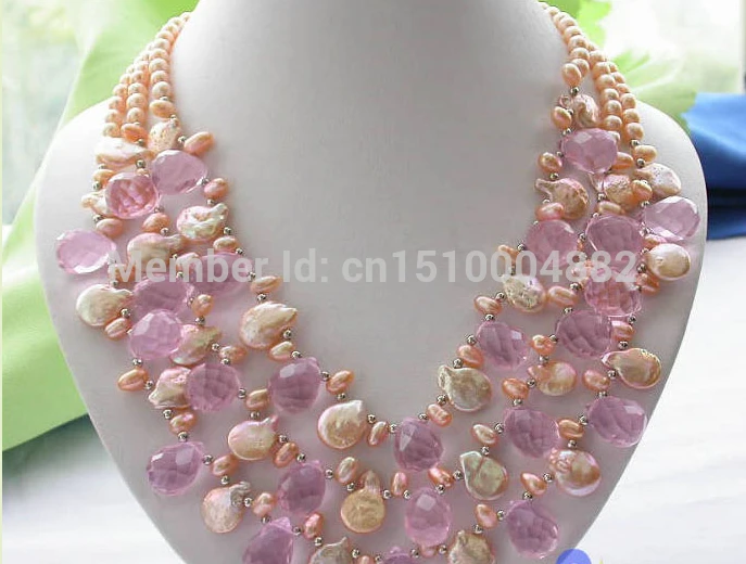 

hot sell- N656 NEW 3ROW PINK RICE/COIN FW PEARL DRIP CRYSTAL NECKLACE -Top quality free shipping