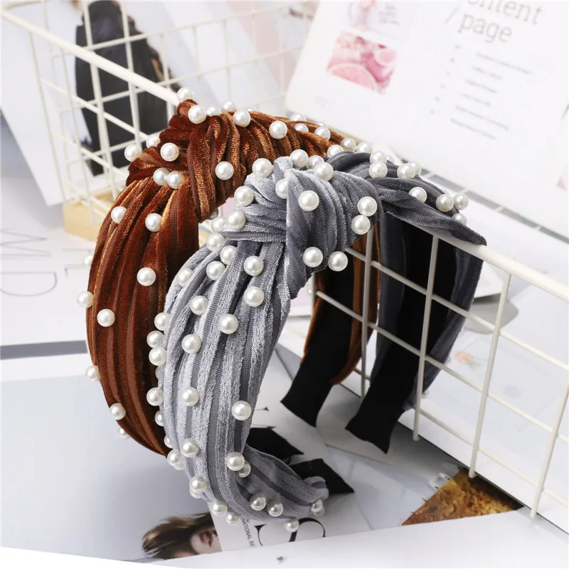 

Women New Twisted Velvet Faux Pearl Beading Headband Hair Wide Hoop Wide Headwear Hair Accessories