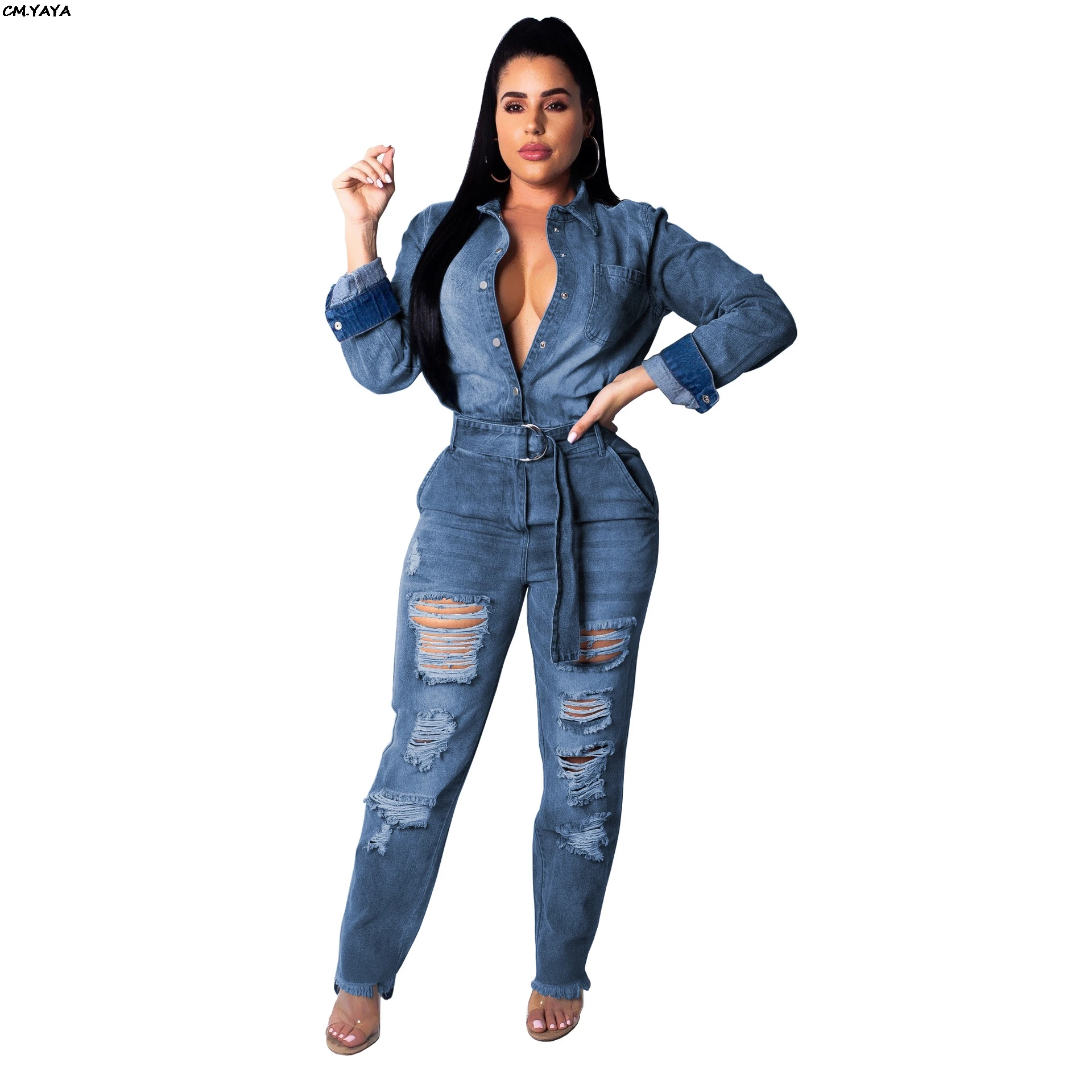 

NEW WOMEN HOLE LONG SLEEVE LONG LEGGINGS DISTRESSED DENIM JUMPSUIT WITH BELT FASHION ROMPERS GLSMR9097