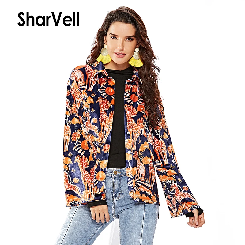 SharVell Women Casual Jackets Lurex Artificial Velvet Animal Pattern Fashion Coat Single Breasted Turn-down Collar Loose Jacket | Женская