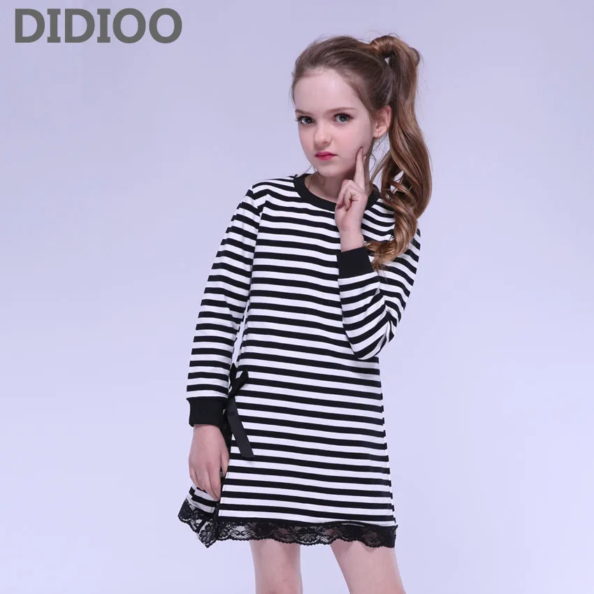 

Children Girls Dress Long Sleeve Stripe Lace Dresses Kids Cotton Clothing for Infant Vestidos Clothes 2 8 9 12 Years Girls Dress