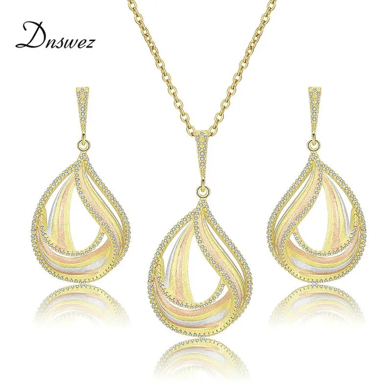 

Dnswez Brand European US Jewelry Sets Necklace Earrings 3 tones Matte Spray Sand AAA Zircon Luxury Celebrity Accessories Aros