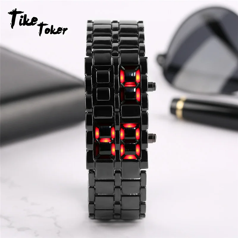

TIke Toker,Stainless Steel Bracelet Watch Men Women Lava Iron Samurai Metal LED Faceless Digital Wristwatches relogio masculino