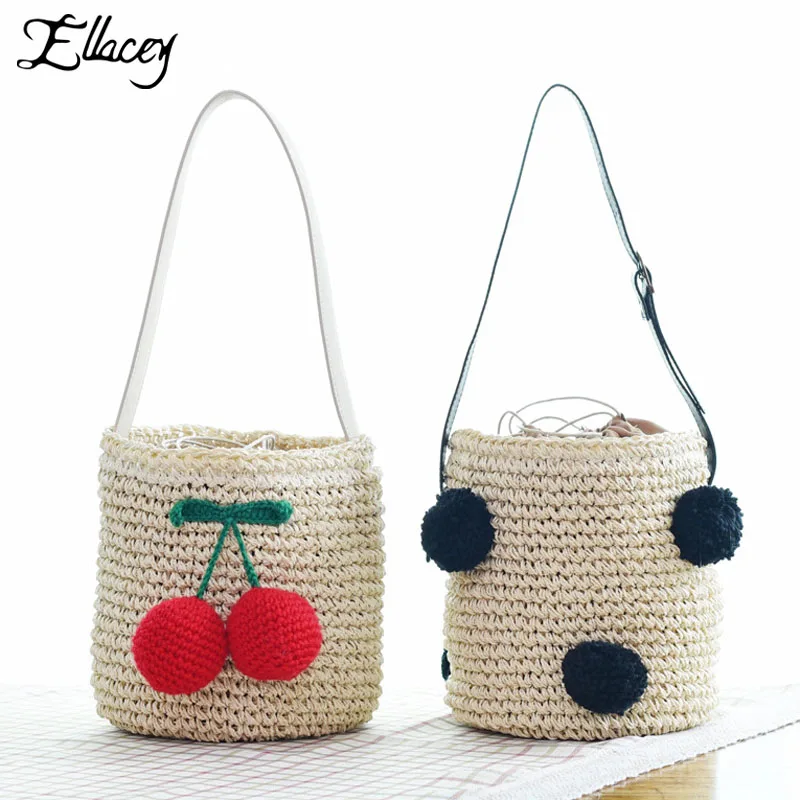 Cherry Lavoro Spalla Donne Sacchetto Al Estate Della Palla Pompon Di Nuovo 2019 Vacanza Bella Borse Ragazza Ball Ciliegio Bucket String Paglia Maglia black Mare A Borsa xwqYxgTnf