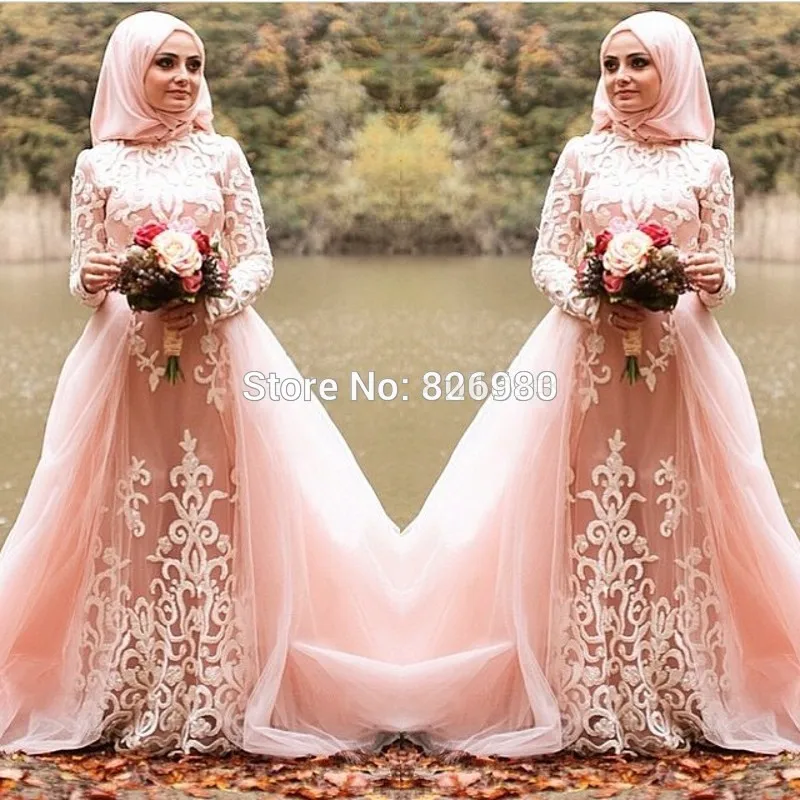Pink Long Sleeve font b Hijab b font Arabic Turkish Muslim Wedding Dress With Detachable Train
