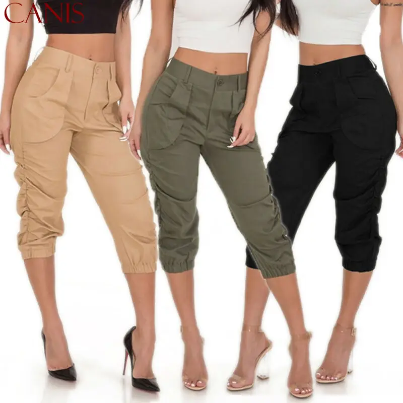 

Casual Harem Trousers Women 3/4 Crop Capri High Waist Stretch Trousers Skinny Slim Elastic Pleated Trousers Summer Trousers
