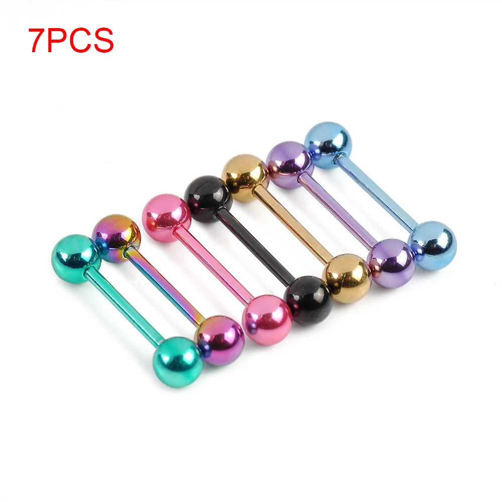 

7pcs Plated Stainless Steel Mixed Colors Tongue Rings Piercing Body Jewelry Women Men Tounge Ring